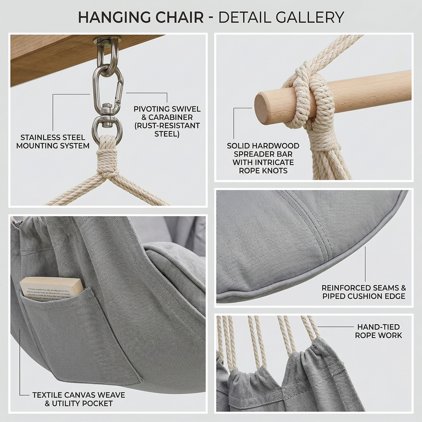 Grey padded chair hanging in garden setting
