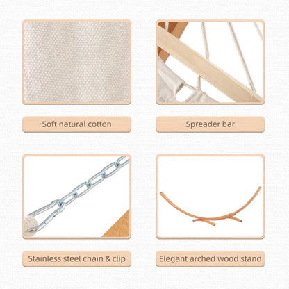 Cotton garden hammock natural cotton fabric wooden spreader bar and arc stand details — GetHovr UK