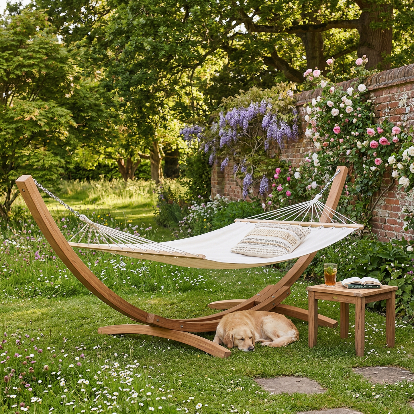 Cotton garden hammock with wooden arc stand in English garden — GetHovr UK