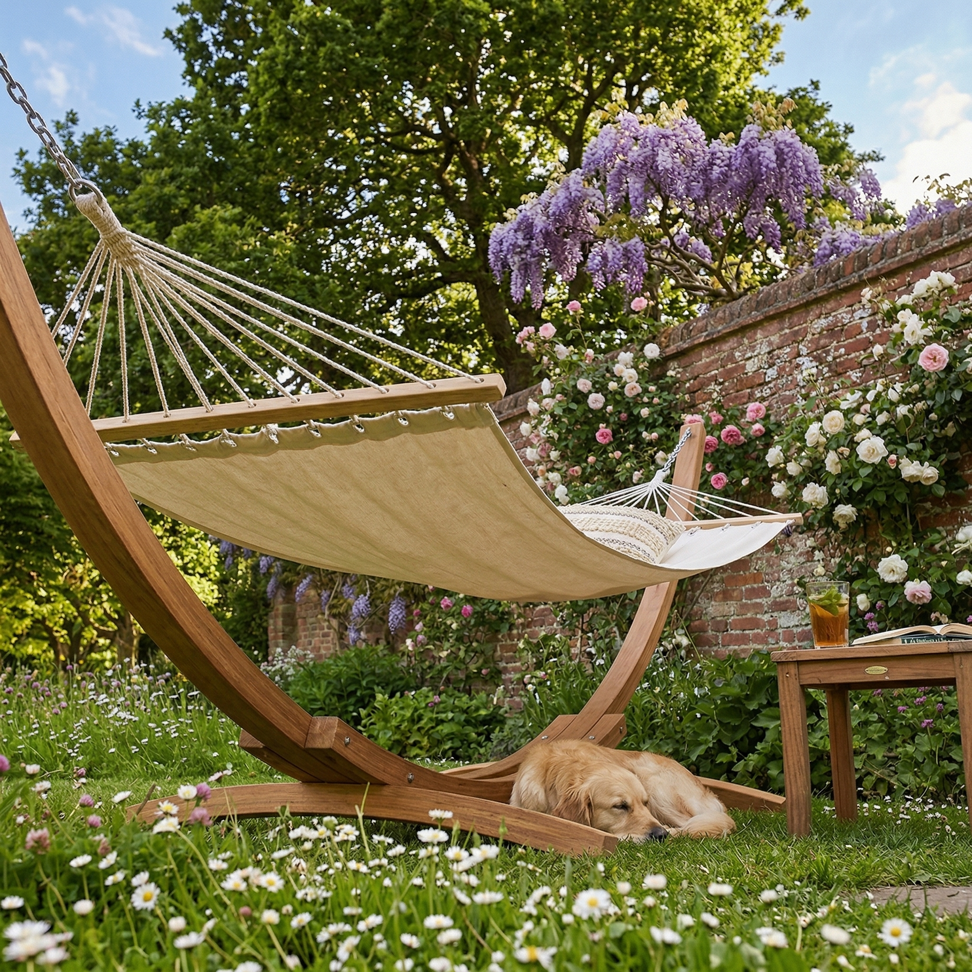 Cotton garden hammock with wooden arc stand wisteria garden — GetHovr UK
