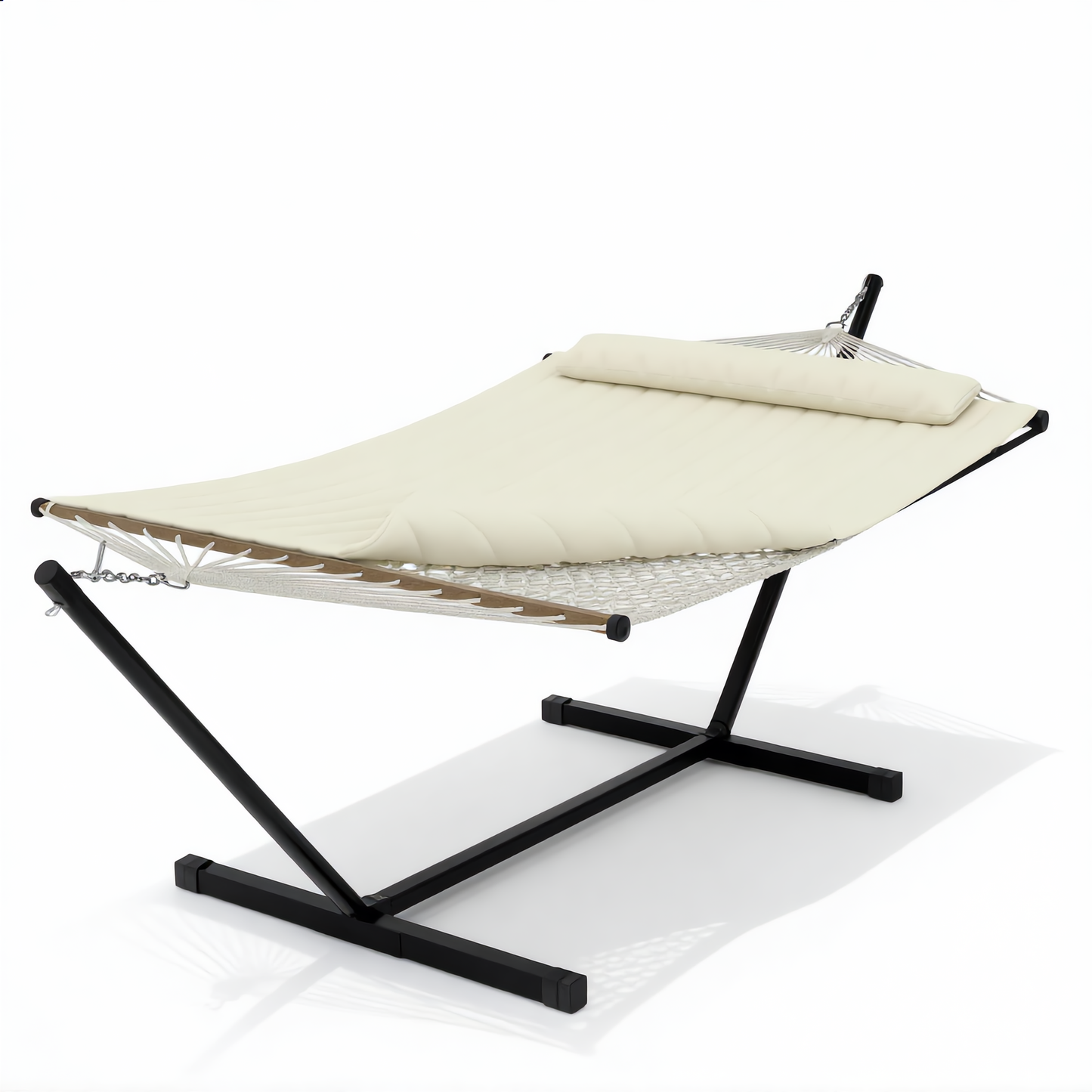 Quilted garden hammock with pillow and steel stand white background — GetHovr UK
