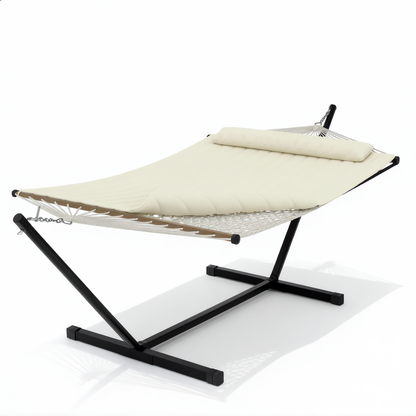 Quilted garden hammock with pillow and steel stand white background — GetHovr UK
