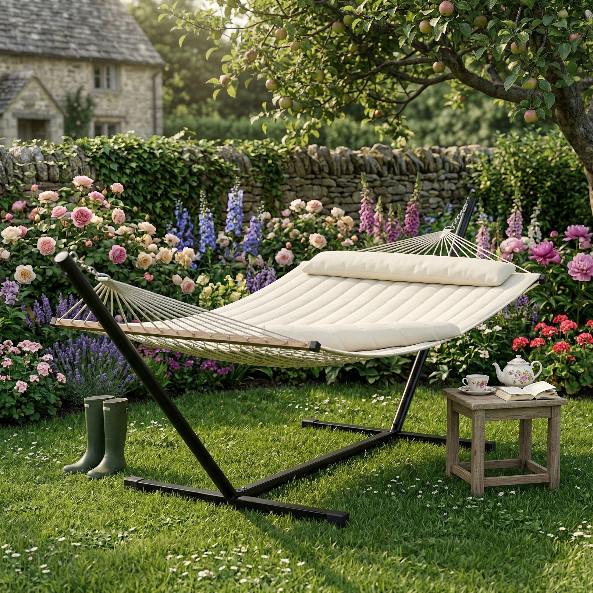 Quilted garden hammock with steel stand in Cotswolds garden — GetHovr UK
