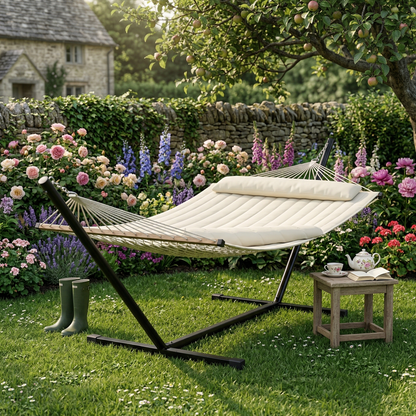 Quilted garden hammock with steel stand in Cotswolds garden — GetHovr UK
