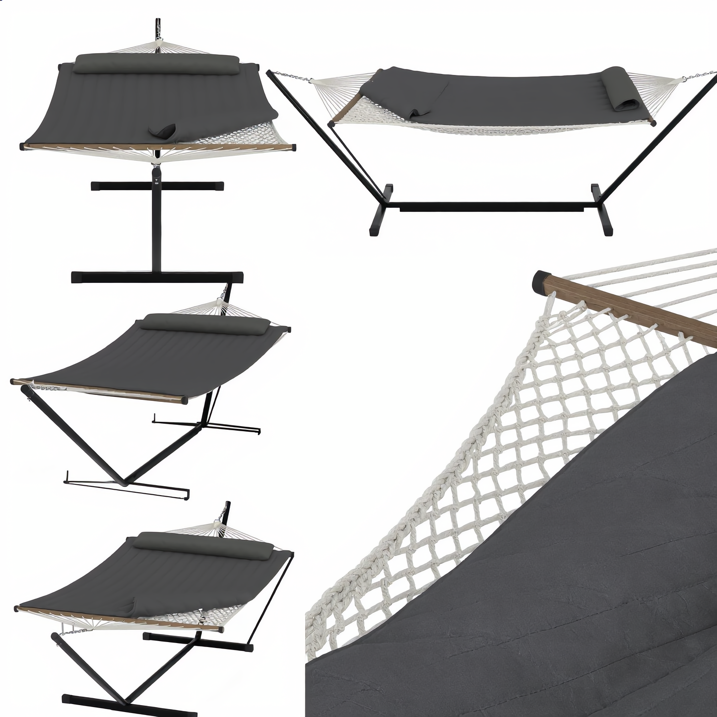Quilted garden hammock with steel stand multiple angles grey — GetHovr UK
