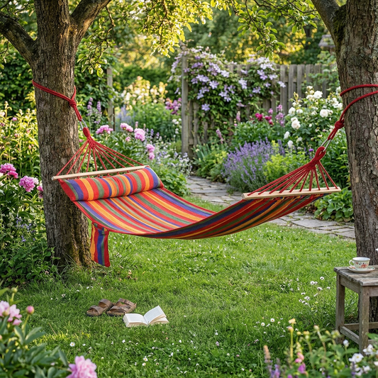 Striped cotton garden hammock with pillow between two trees — GetHovr UK
