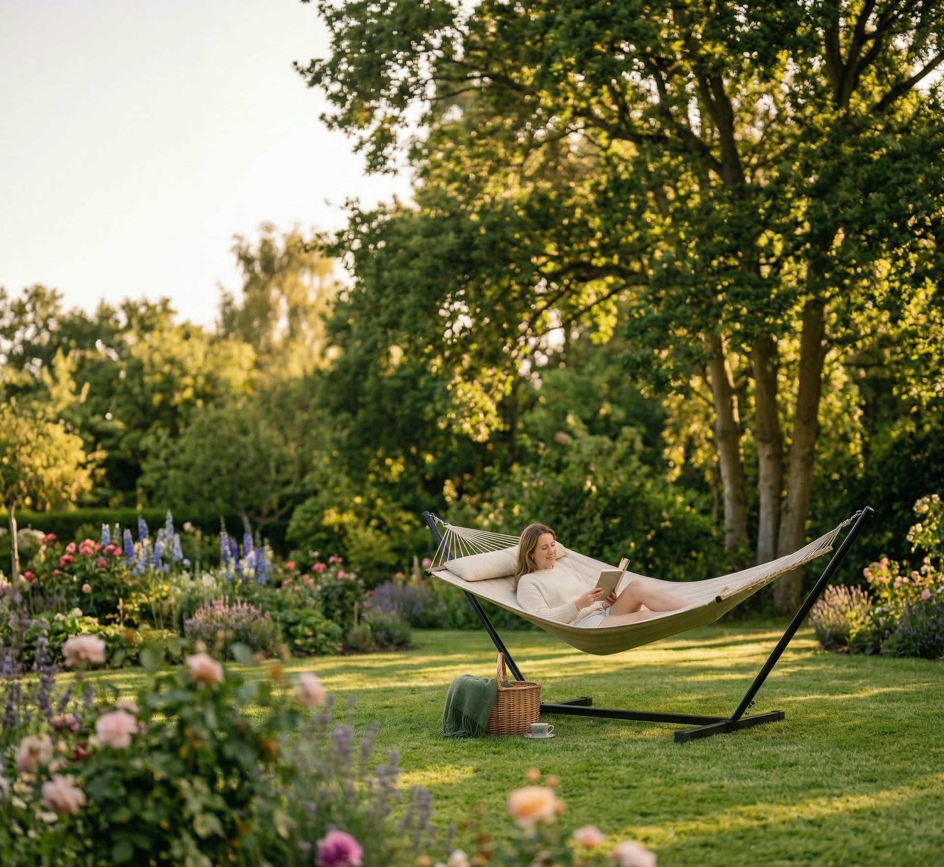 Premium garden hammock in a lush British garden
