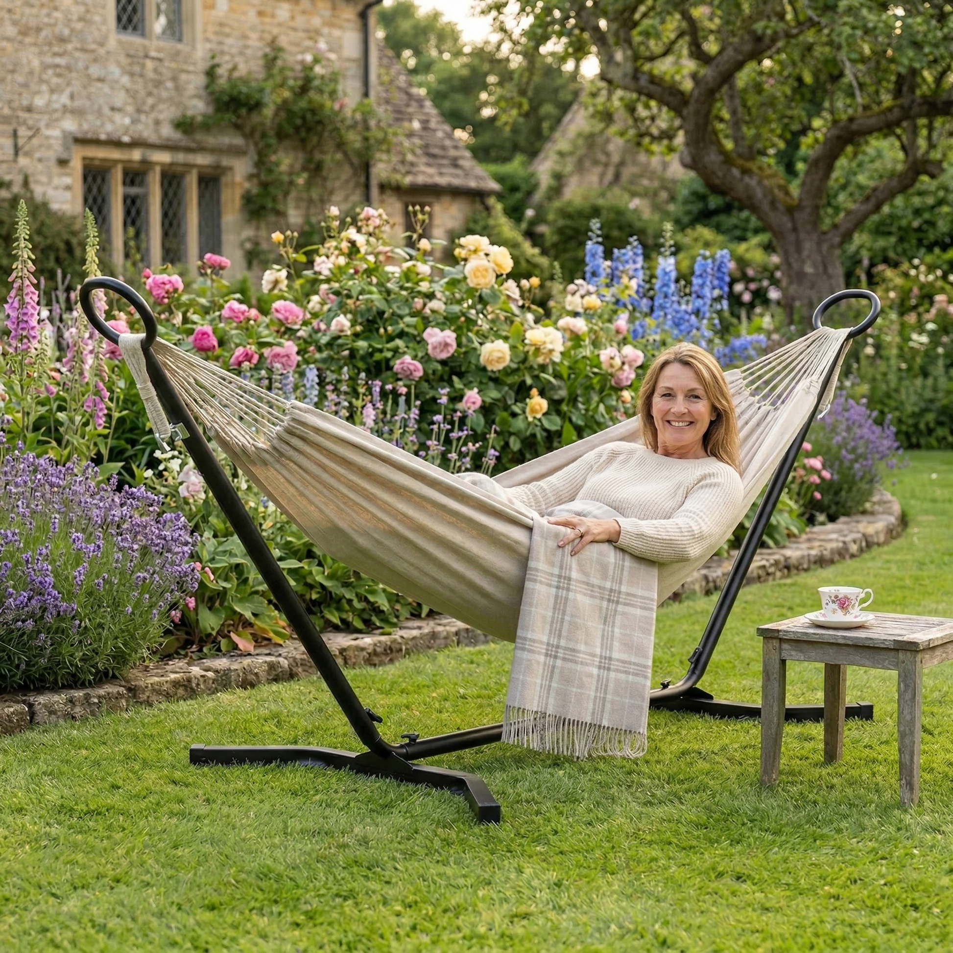 Close up of beige hammock fabric and steel frame joint