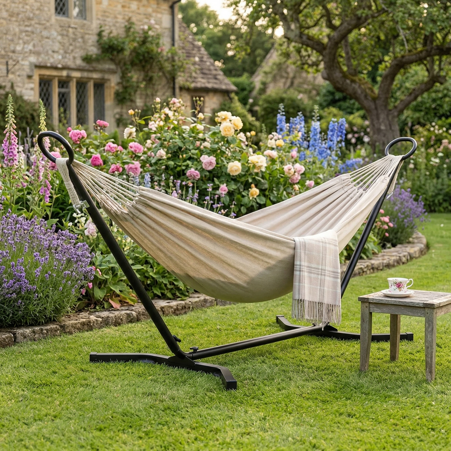 Beige hammock with steel stand set up in garden