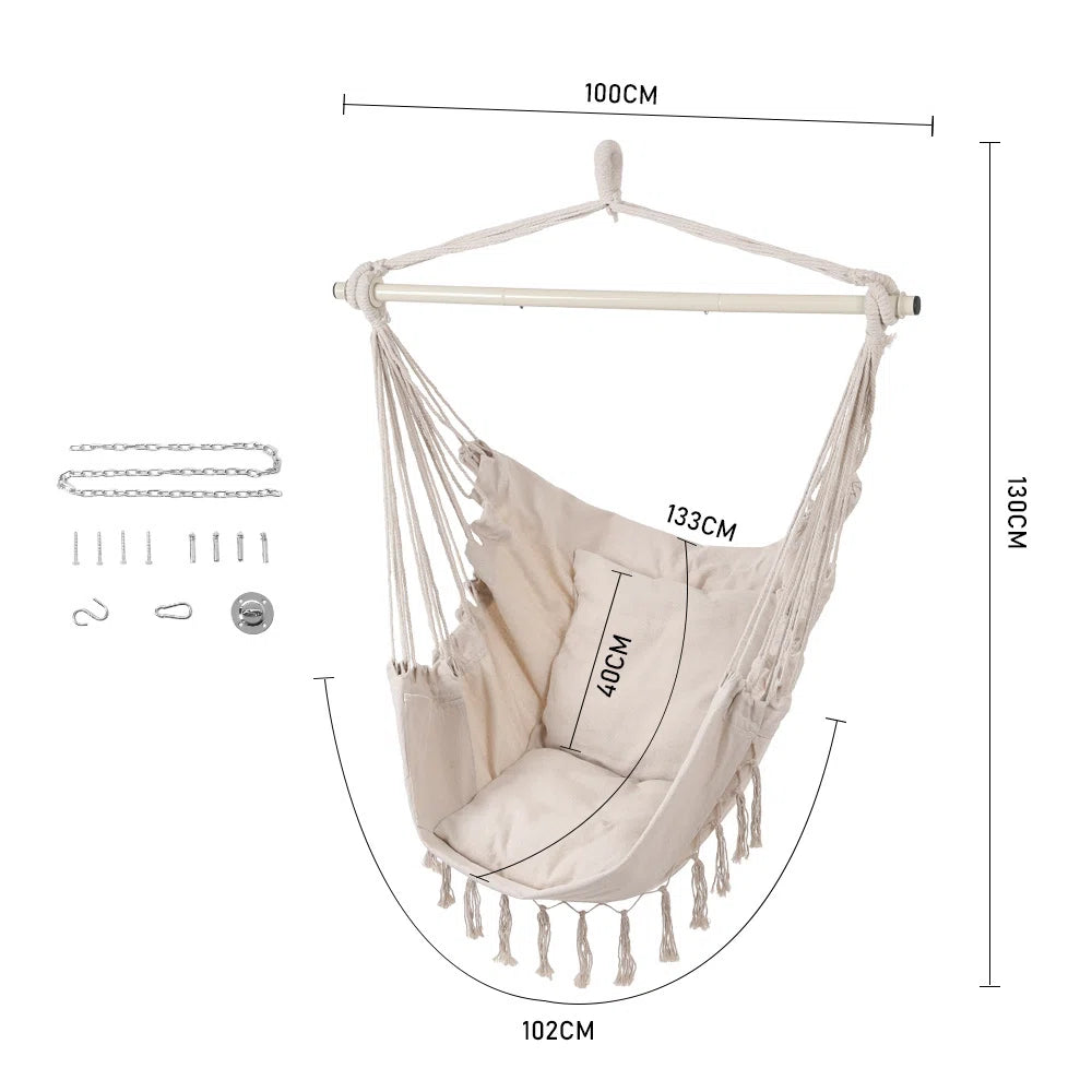 Bohemian tassel hanging chair with dimensions on white background