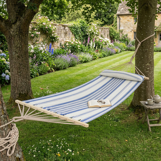 Close up of blue stripe hammock fabric and wooden spreader bar