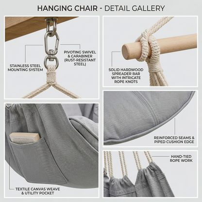 Grey padded chair hanging in garden setting