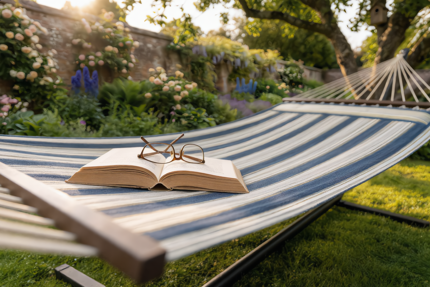 Teal striped hammock with steel stand set up in garden