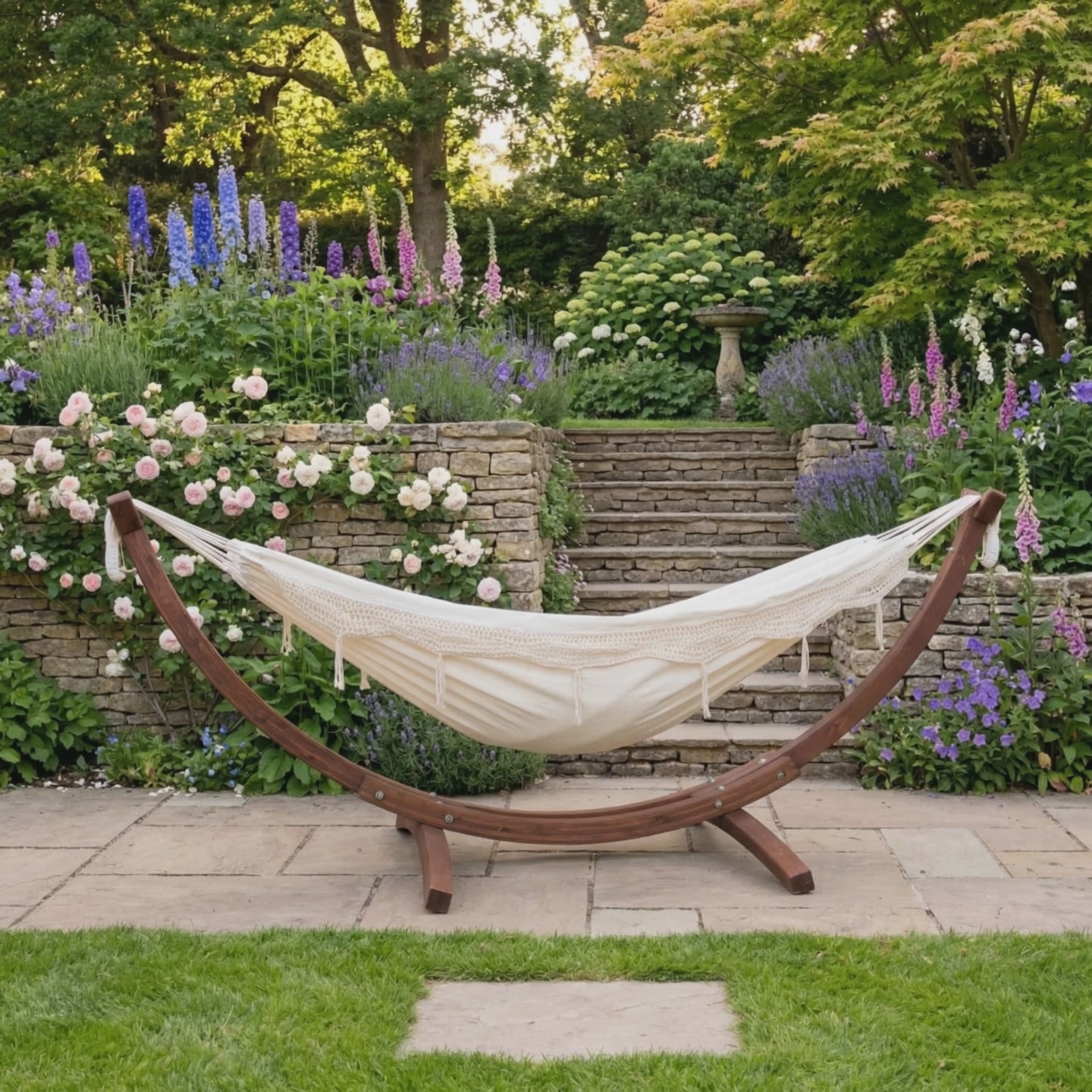 Natalia Double Hammock with Wooden Stand product video showing hammock in garden setting