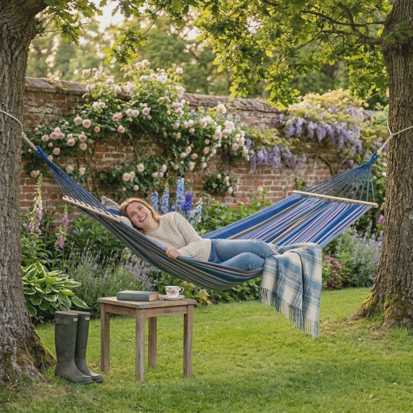 Tonga striped garden hammock swaying gently in an English garden