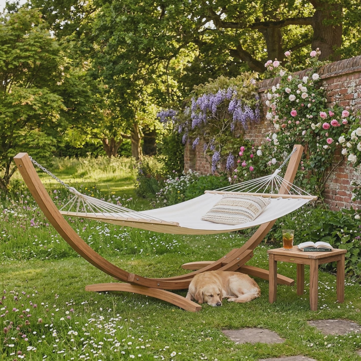 Cotton garden hammock with wooden arc stand in English walled garden — GetHovr UK
