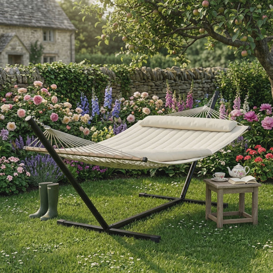 Quilted garden hammock with pillow and steel stand in British garden — GetHovr UK
