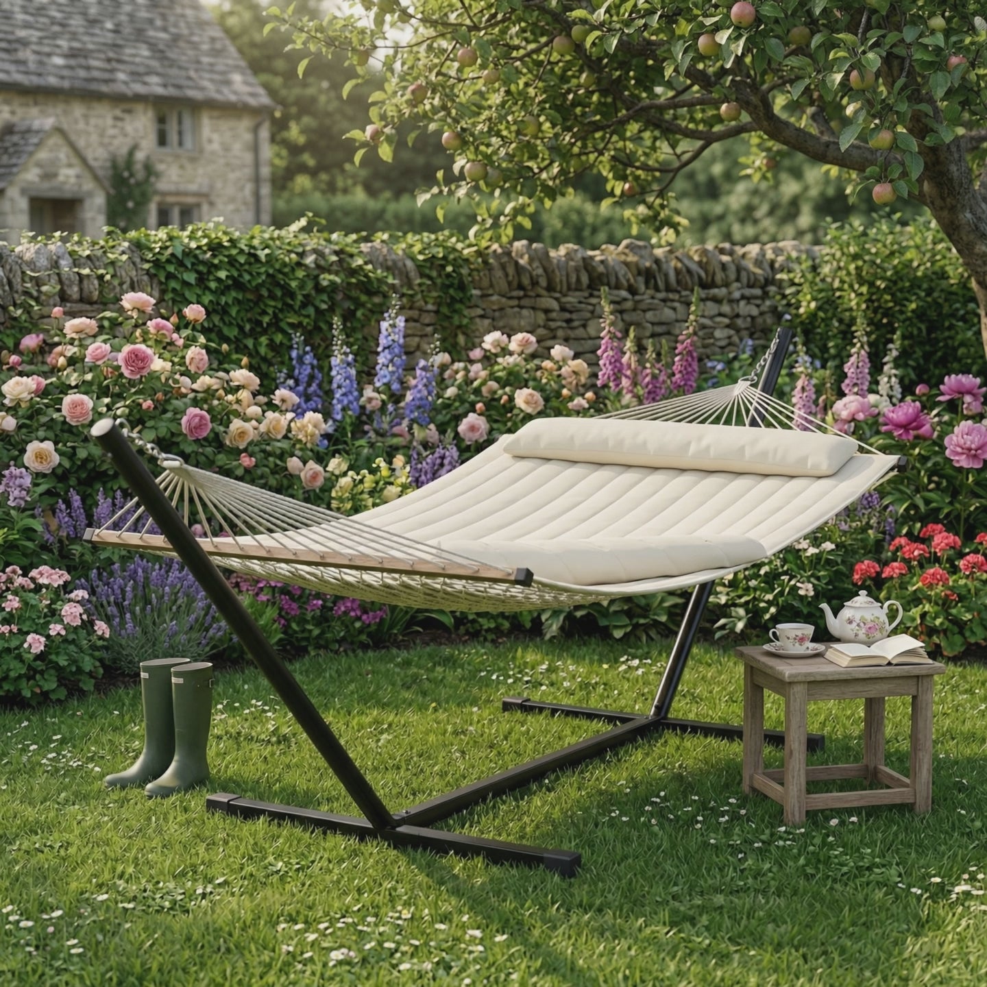 Quilted garden hammock with pillow and steel stand in British garden — GetHovr UK
