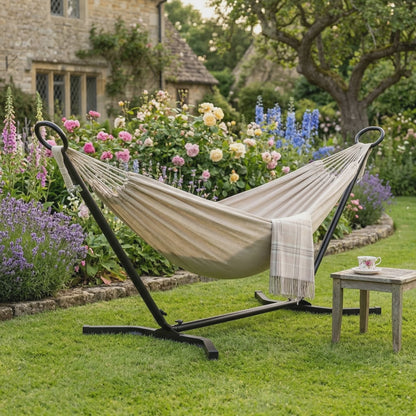 Classic Beige Hammock with Steel Stand product video showing hammock in garden setting