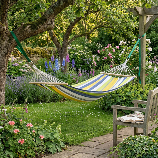 Colourful striped hammock hanging in sunny garden
