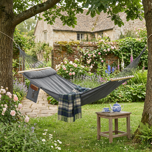 Dark grey single hammock hanging in garden
