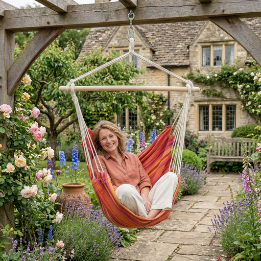 Red and orange striped hanging chair in garden setting