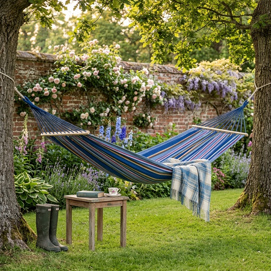 Striped garden hammock hanging between two trees in an English garden