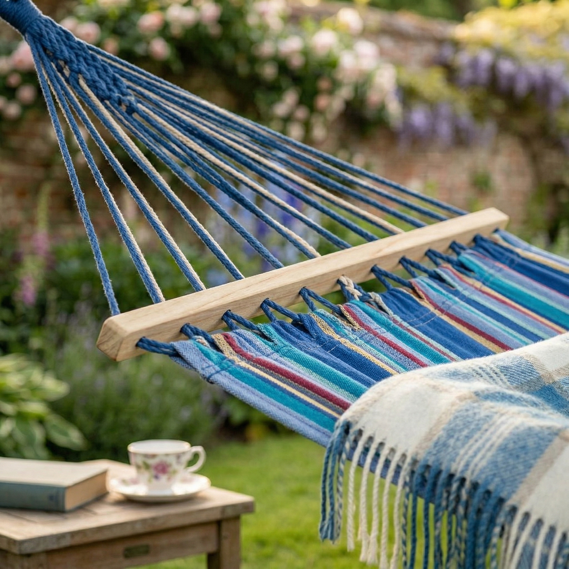 Close up of striped hammock fabric and wooden spreader bar in garden setting